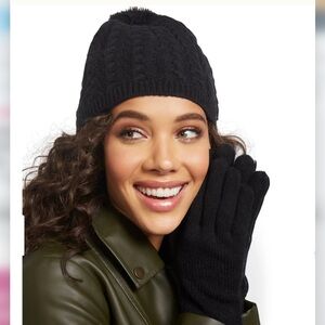 New York & Company Cable Knit Beanie & Glove Set in Black